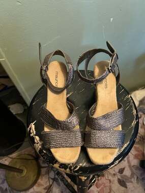 maurices Metallic Charcoal Gray Strappy Wedge Sandals Size 8
